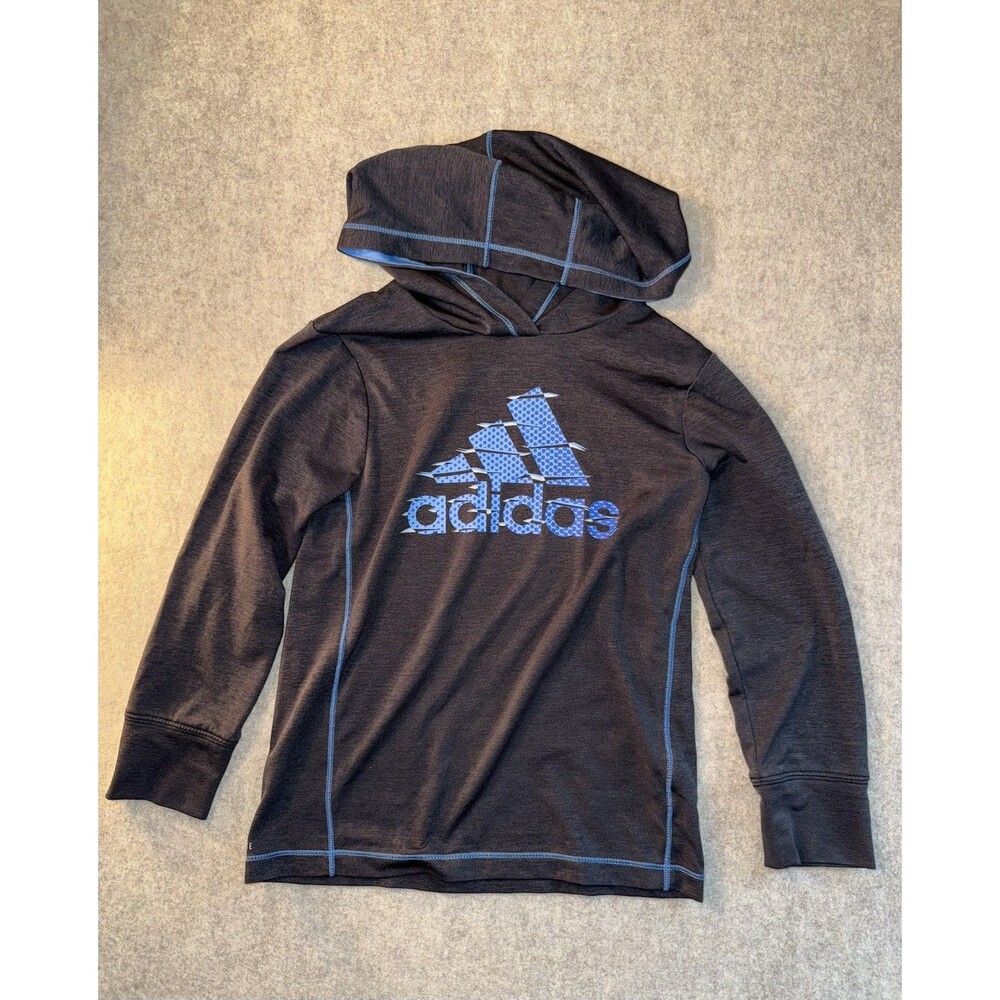 Adidas Boys Size 4 Climalite Gray/Blue Long Sleeve Shirt With Hood